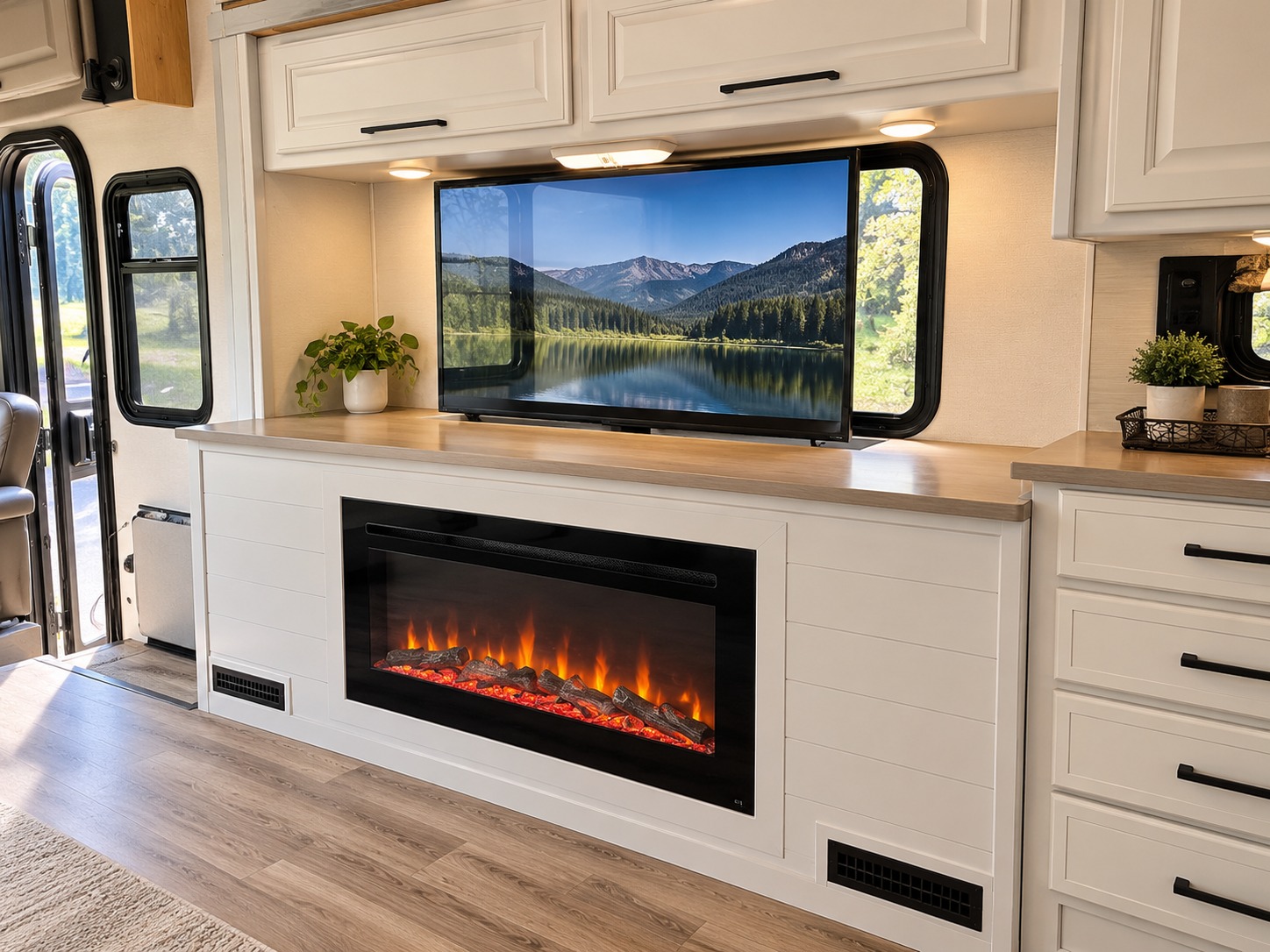 RV fireplace and TV lift cabinet upgrade